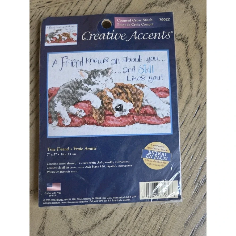 New Creative Accents 14-Count Cross Stitch Kit True Friend #79022 Vtg Dog Cat